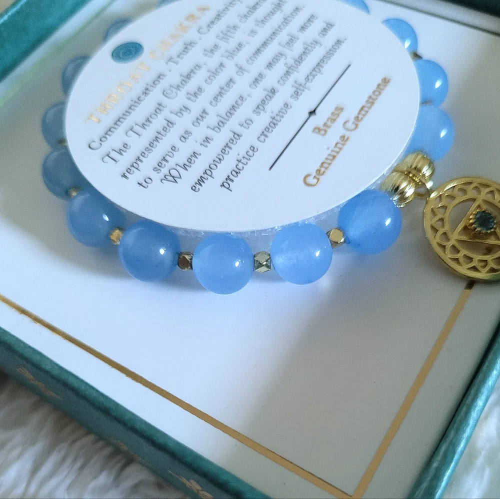 Shivam Light Blue💙 Beads Stretch Bracelet with Throat Chakra🧘‍♀️ Charm - NIB - Picture 4 of 14